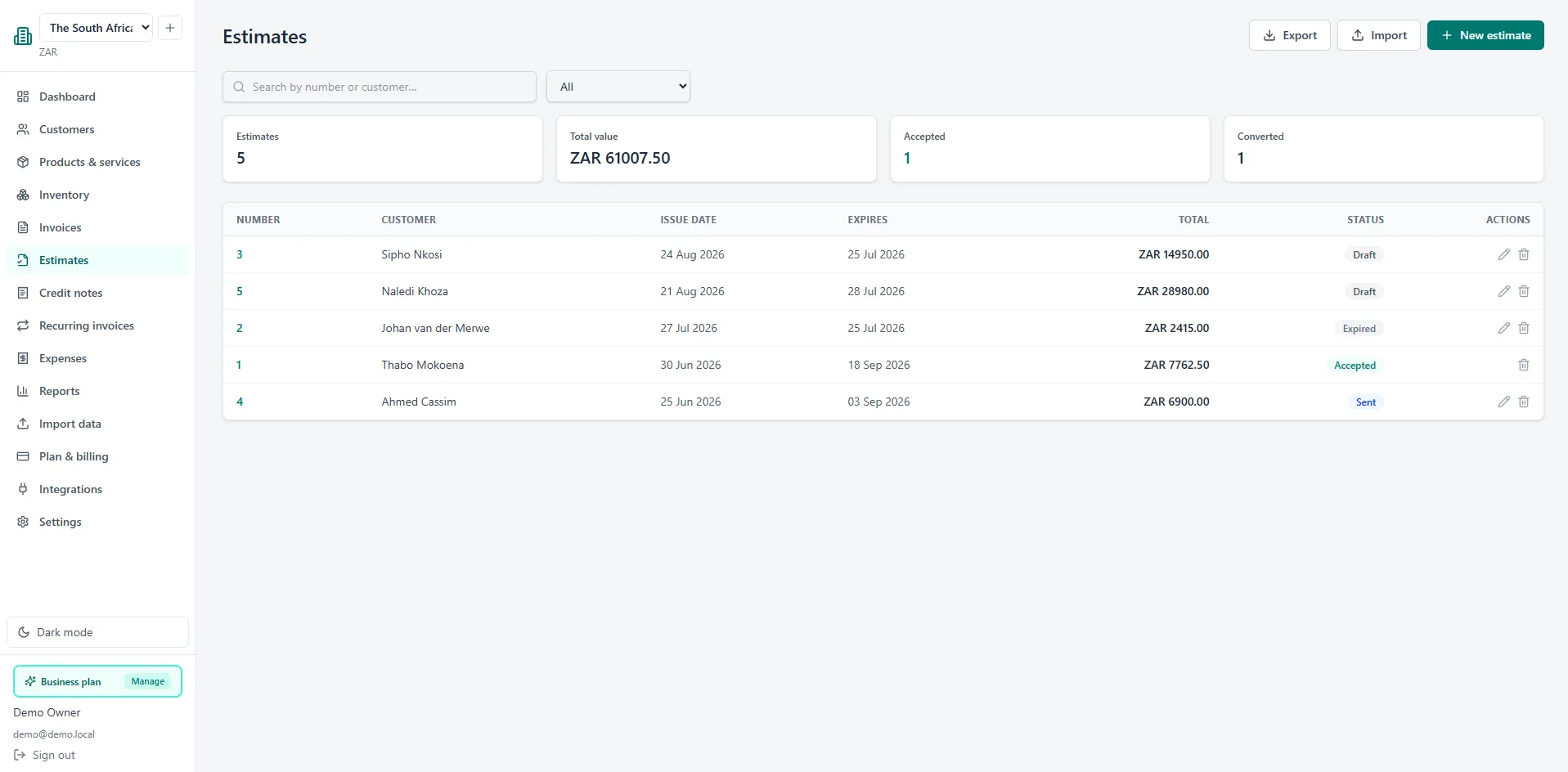 Estimates screen